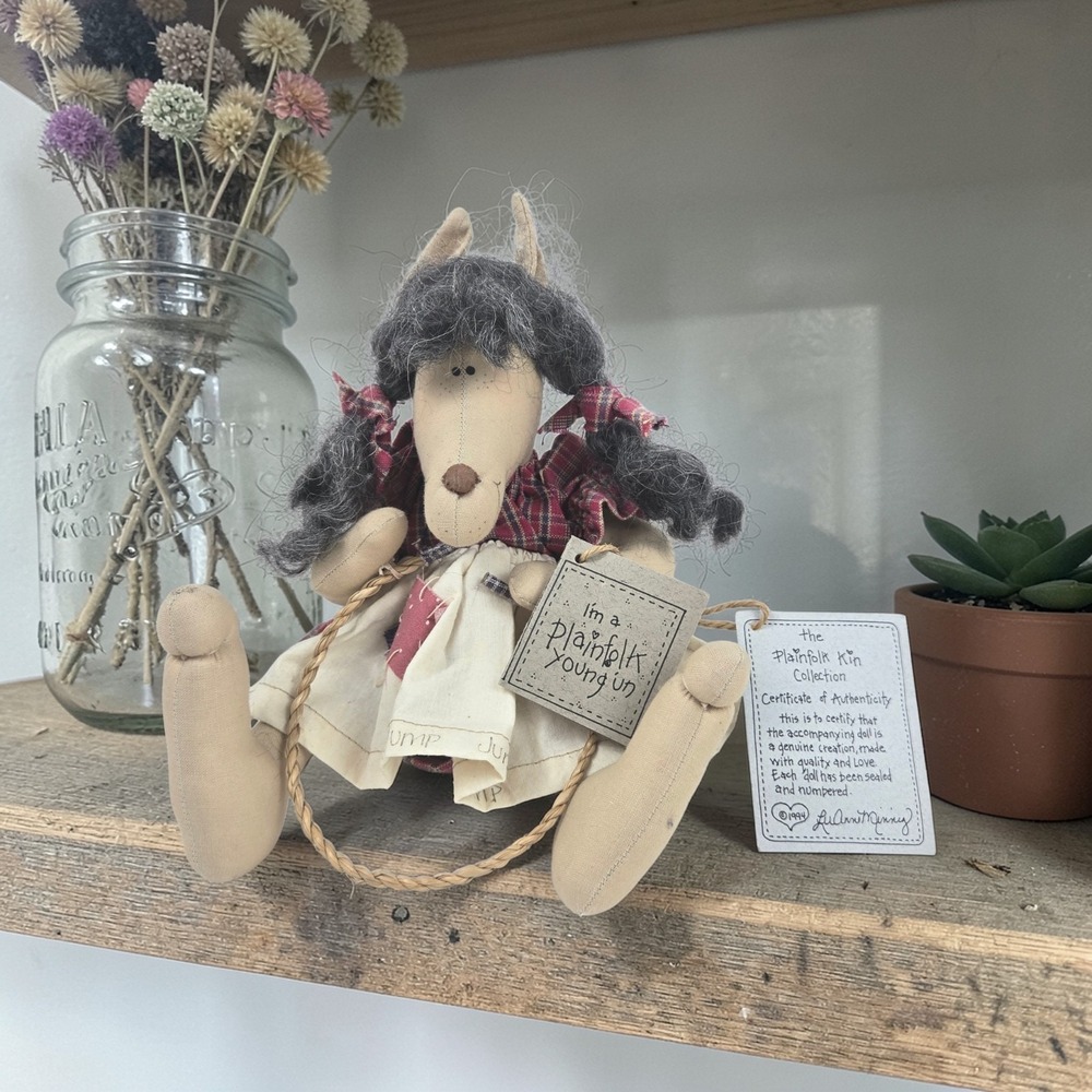 Plainfolk Kin Collection 1994 Handmade Wolf Young Un Doll Cottagecore Decor NOS